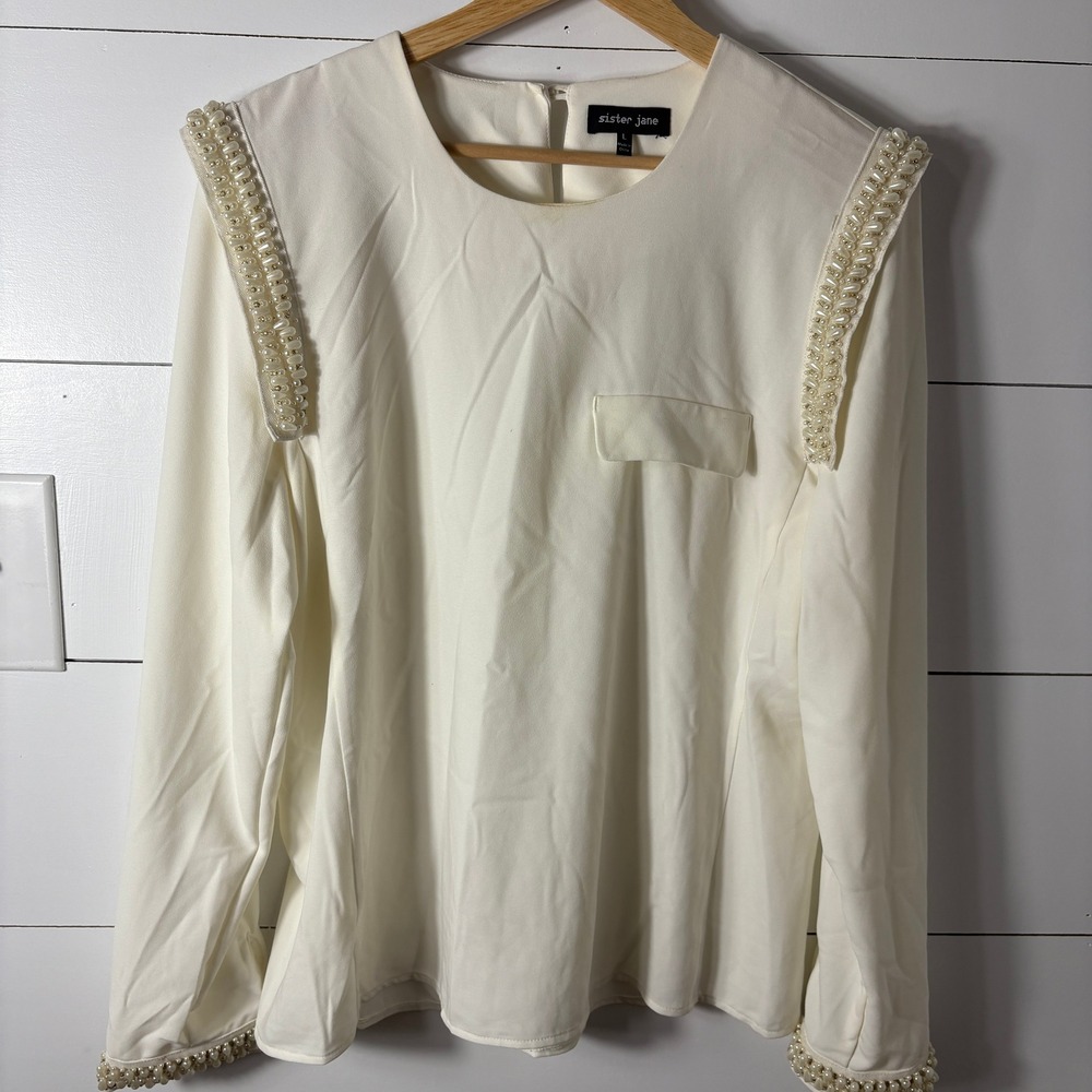 Sister Jane Pearl‎ Embellished Blouse Long Sleeve Dressy Top Size L Ivory